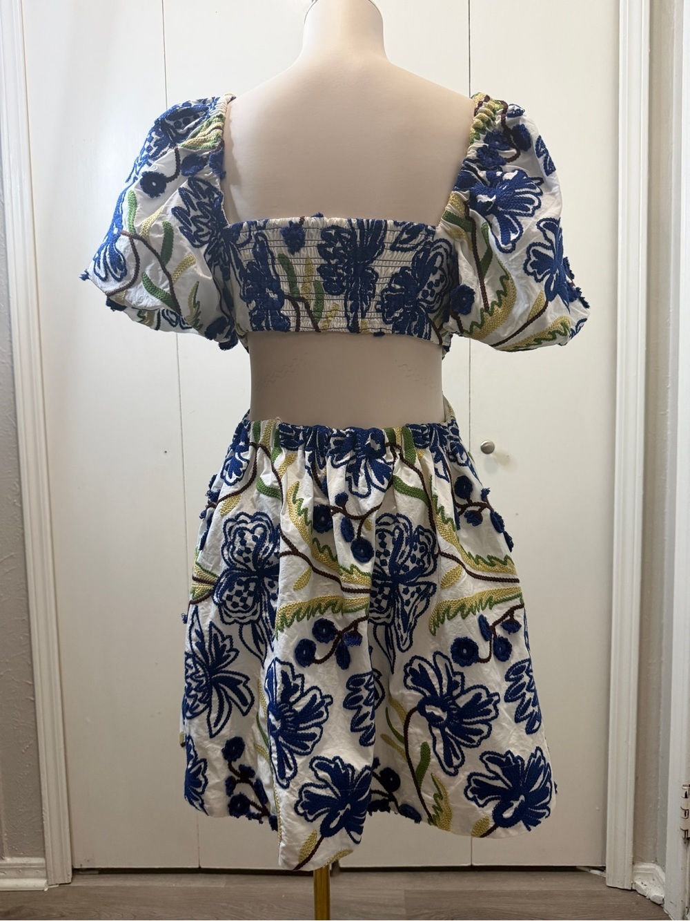 Anthropologie White Mini Dress with Blue Floral Embroidery - Picture 4 of 8